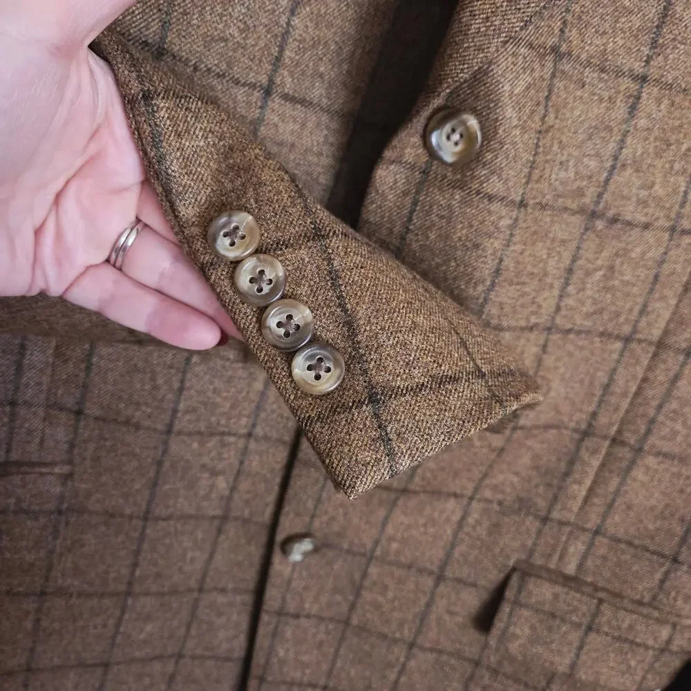 Vintage Burberry 43 Long Kensington 100% Wool Windowpane Plaid Blazer Sportcoat